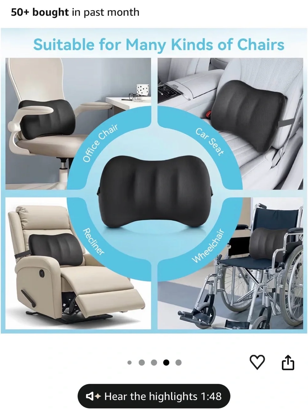 Black Memory Foam Lumbar Support Pillow for VR & Seat Comfort